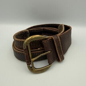 Vintage 90s Brown Leather Belt Women’s Med Rustic Brass Buckle Genuine Leather